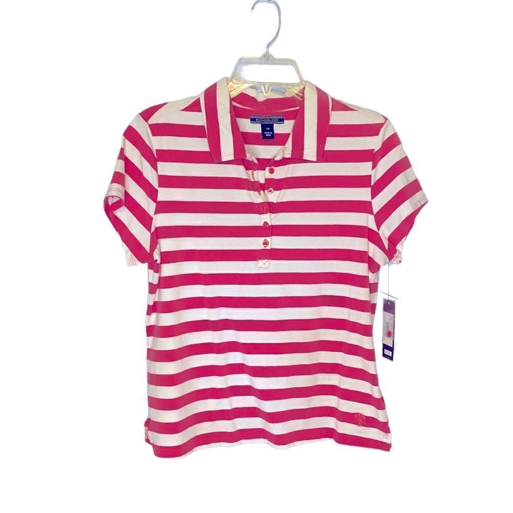 New Bandolino Striped Polo Top, pink and white, short sleeves, size PM
